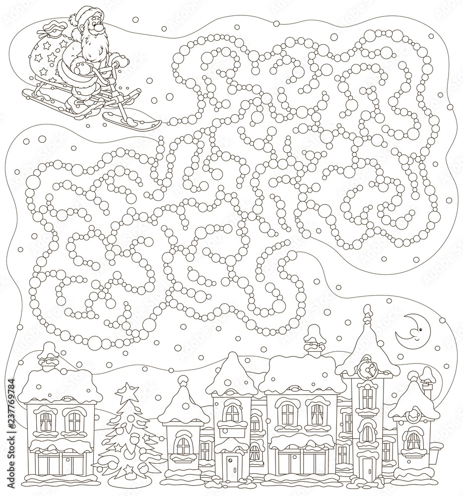 Help Santa Claus with his big bag of gifts find the right way to a small snow-covered town in the night before Christmas. Black and white printable board game for kids. Help Santa Claus with his big bag of gifts find the right way to a small snow-covered town in the night before Christmas. Black and white printable board game for kids.
