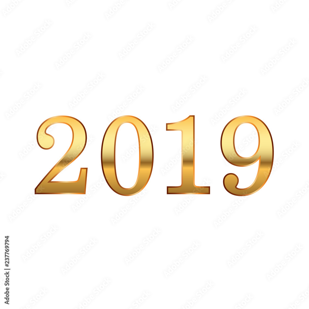Happy New Year background. Gold 3D number 2019 isolated on white. Bright golden design for greeting card, Christmas banner, holiday celebration, decoration poster, calendar. Vector illustration Happy New Year background. Gold 3D number 2019 isolated on white. Bright golden design for greeting card, Christmas banner, holiday celebration, decoration poster, calendar. Vector illustration