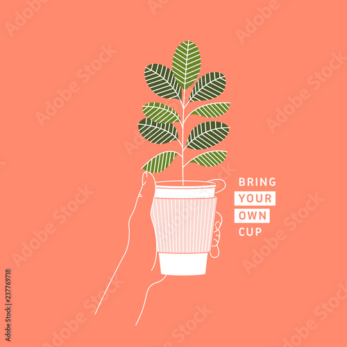 Woman hand holding coffee cup with rubber plant inside.  Zero waste concept. Bring your own cup. Flat line style. Vector illustration