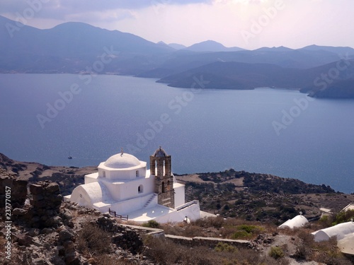 The beautiful church of Panagia Thalassini in Kastro Milos with wonderful view to the Aegean Sea photo