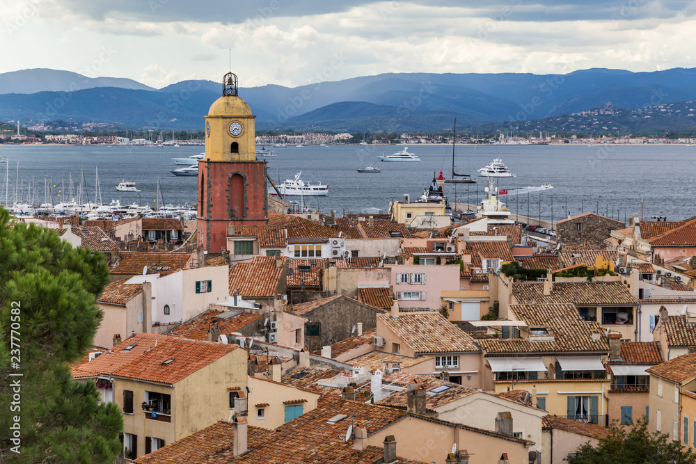 View to the rooftops and church tower of the old town of Saint Tropez, French Rivera, France.
