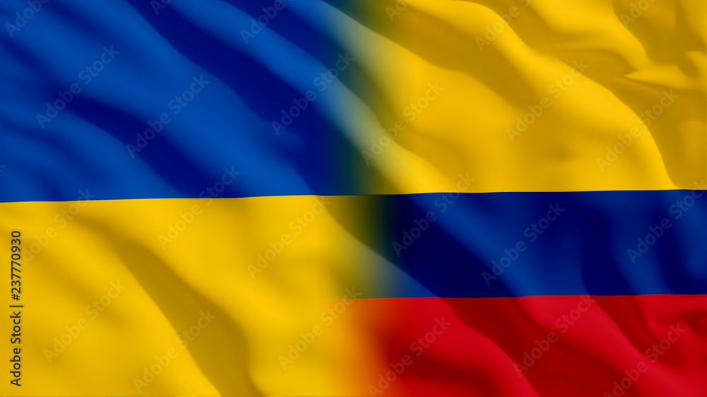Waving Ukraine and Colombia Flags