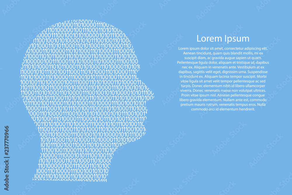 Silhouette of male head on the side cyber mind abstract schematic from white ones and zeros binary digital code on light blue background for banner, poster, greeting card. Vector illustration. Silhouette of male head on the side cyber mind abstract schematic from white ones and zeros binary digital code on light blue background for banner, poster, greeting card. Vector illustration.
