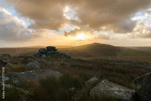 Brown Willy and Showery Tor on Bodmin moor after a rain storm has passed, Cornwall, UK