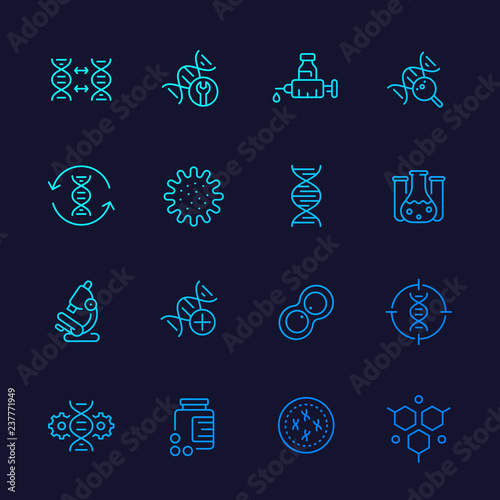 genetics icons, dna chain, gene editing and genetic research, line vector set