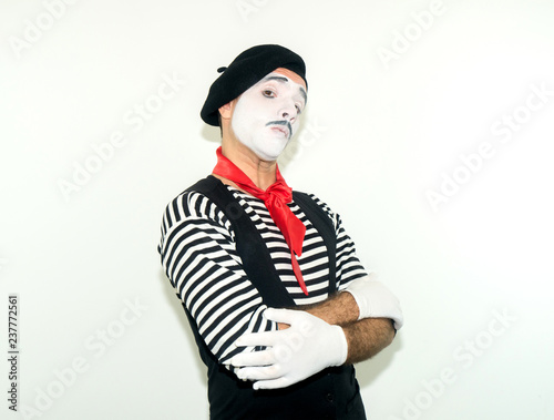 mime man crossed hands and look at camera. Emotions and feelings concept. isolated on white background