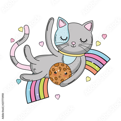 cute cat with cookie in rainbow