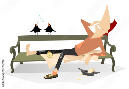 Cheerful beggar lies on the bench illustration. Smiling man with bare foot and a broken boot on another, hat with small change lies on the bench, listens birds and looks happy isolated on white  
