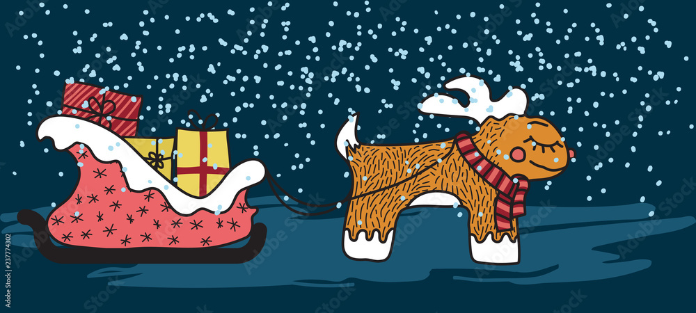 Cartoon vector Christmas deer with sleigh and gifts in winter on a dark background and with snowflakes Cartoon vector Christmas deer with sleigh and gifts in winter on a dark background and with snowflakes