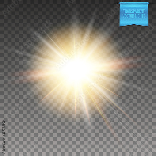 Abstract glowing warm yellow sun, star burst on transparent background.