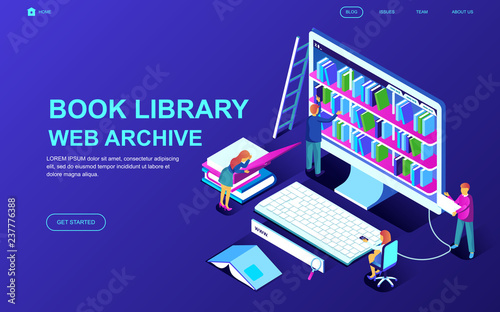Modern flat design isometric concept of Book Library decorated people character for website and mobile website development. Isometric landing page template. Vector illustration.