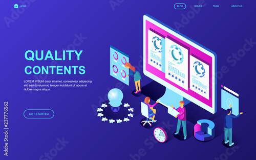 Modern flat design isometric concept of Quality Content decorated people character for website and mobile website development. Isometric landing page template. Vector illustration.