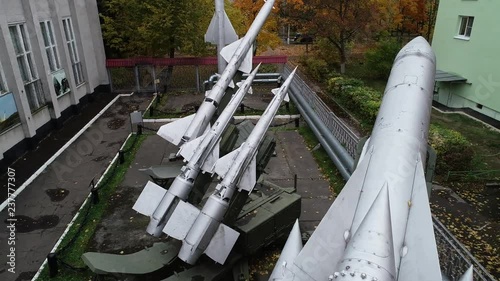 Aerial view Russian anti-aircraft missile system of medium-range air defense. Buk-M3 - a set of air defense of ground forces of medium-range and background self-propelled rocket launcher S-300VM Antey photo