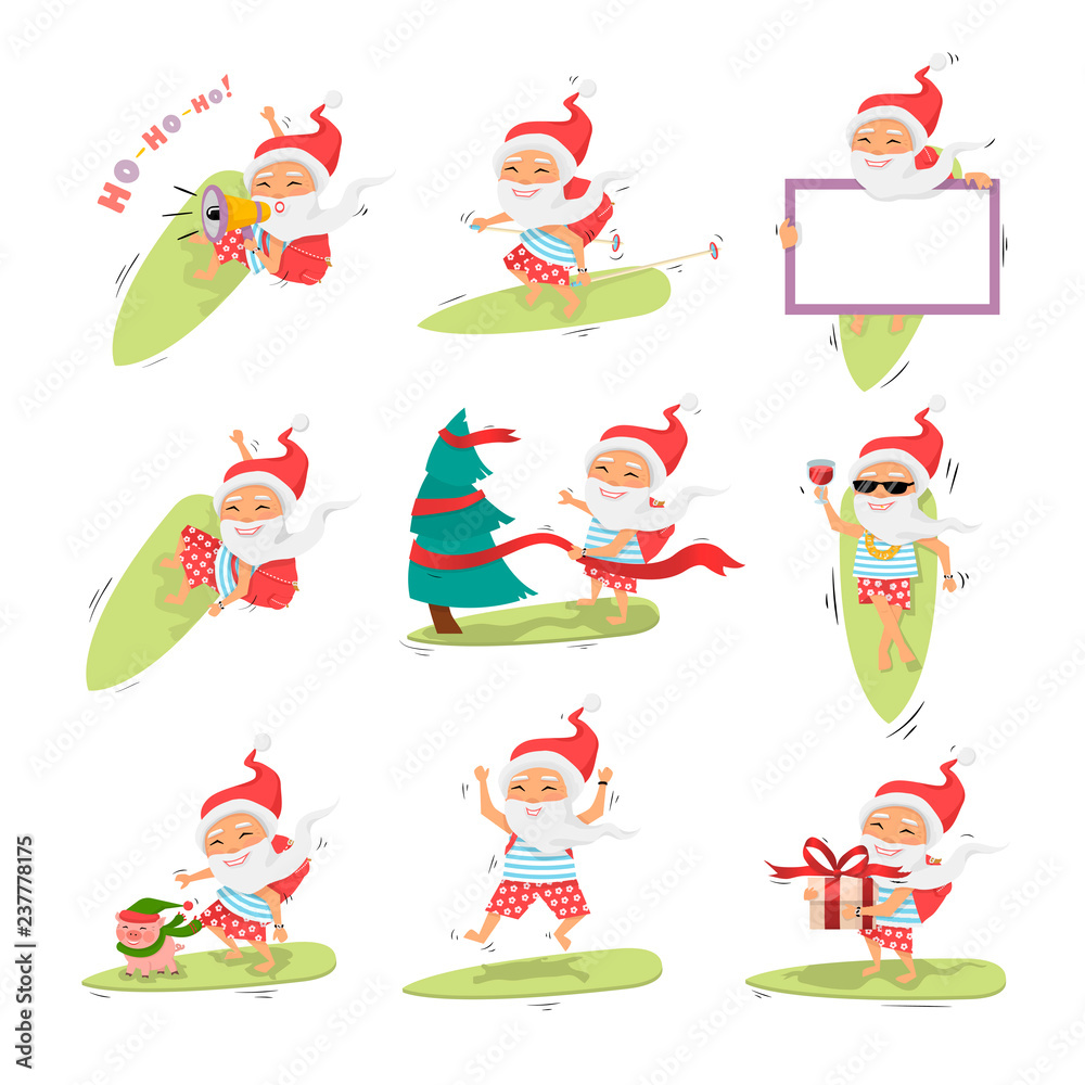 Santa Claus on surfboard with gifts in backpack