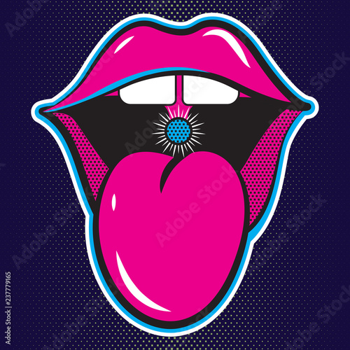 Pop art vector speaking lips. Sexy woman's Half-open mouth, licking, tongue sticking out, conversation.