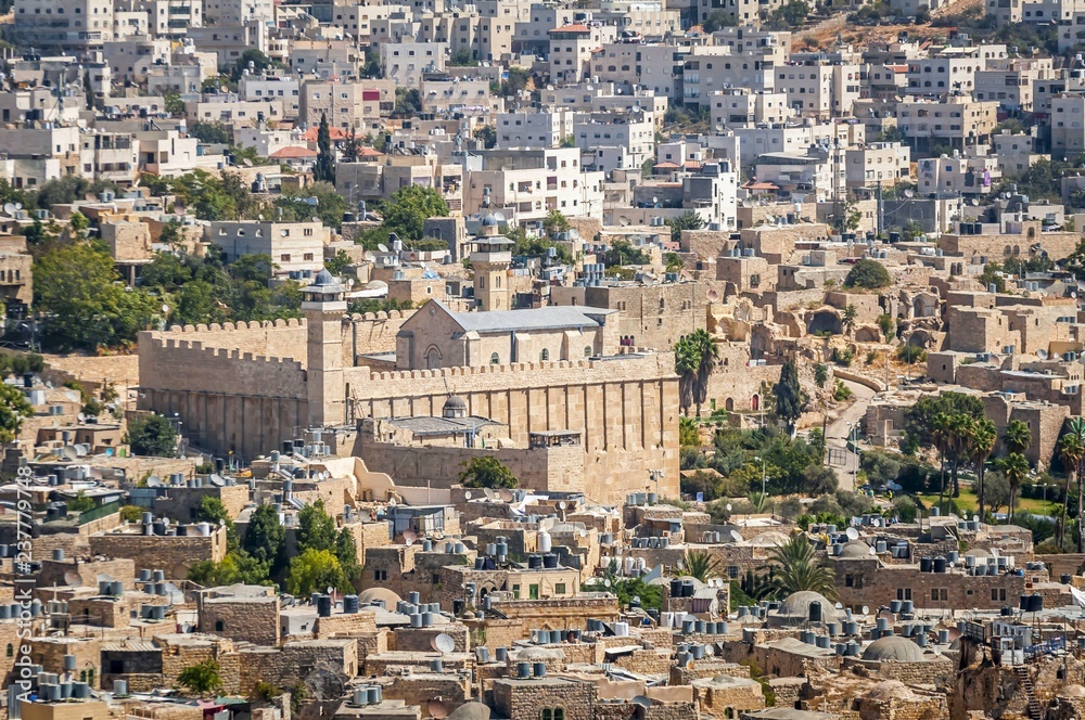 HEBRON, ISRAEL / PALESTINE. September 25, 2018. The exterior view of the Cave of the Patriarchs complex where the Forefathers of the Jewish people and Islam are believed to be buried.