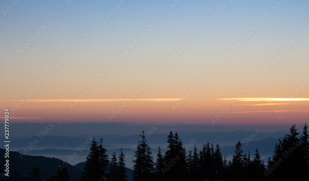 Silent morning in Carpathian montains. Forest silhouettes in mountains at dawn. Vasness and peace concept. Mountains and pine trees in morning dust. Sunrise landscape and skyline.