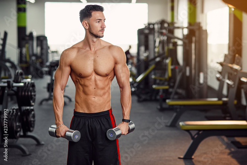 Fitness man with naked torso working out with dumbbells during training hands and shoulders in the gym. Sporty and healthy concept.