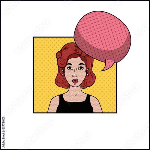 redhead woman with speech bubble pop art style