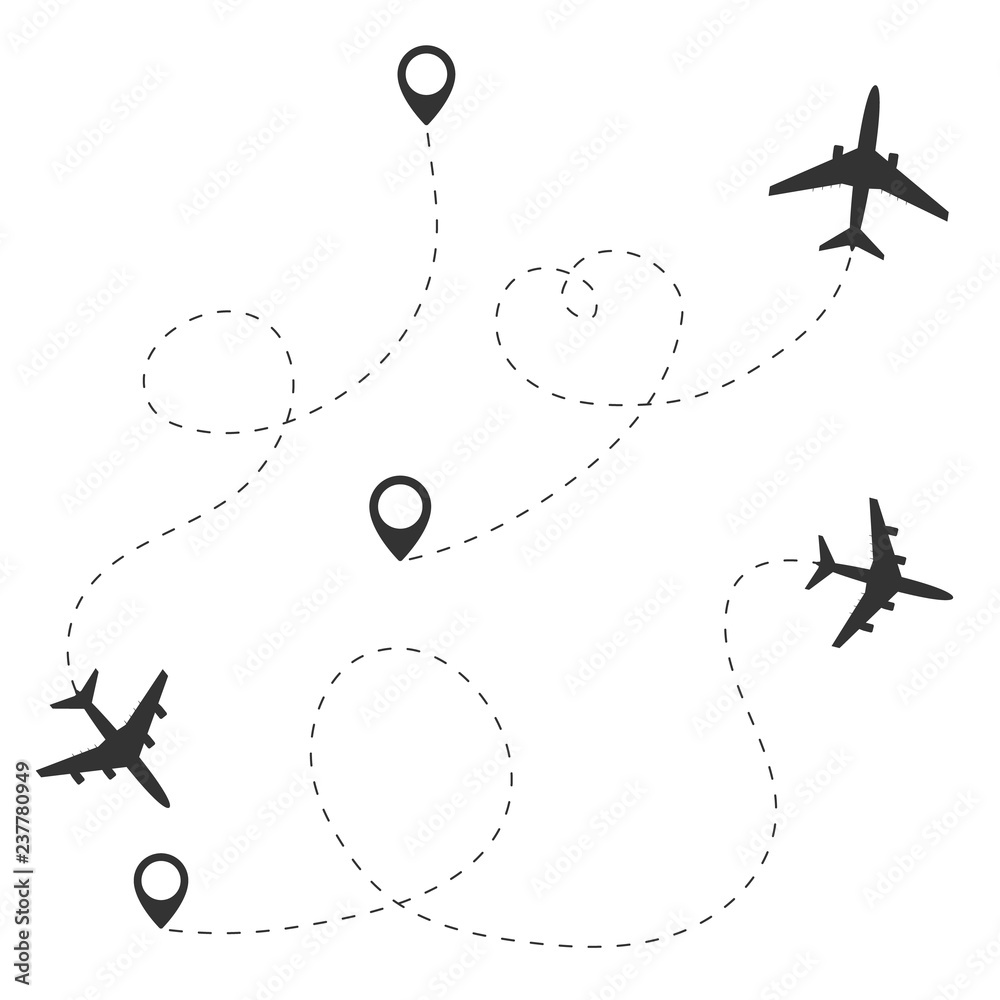 Airplane travel concept. Plane with destinations points and dash route line. Airplane travel concept. Plane with destinations points and dash route line.