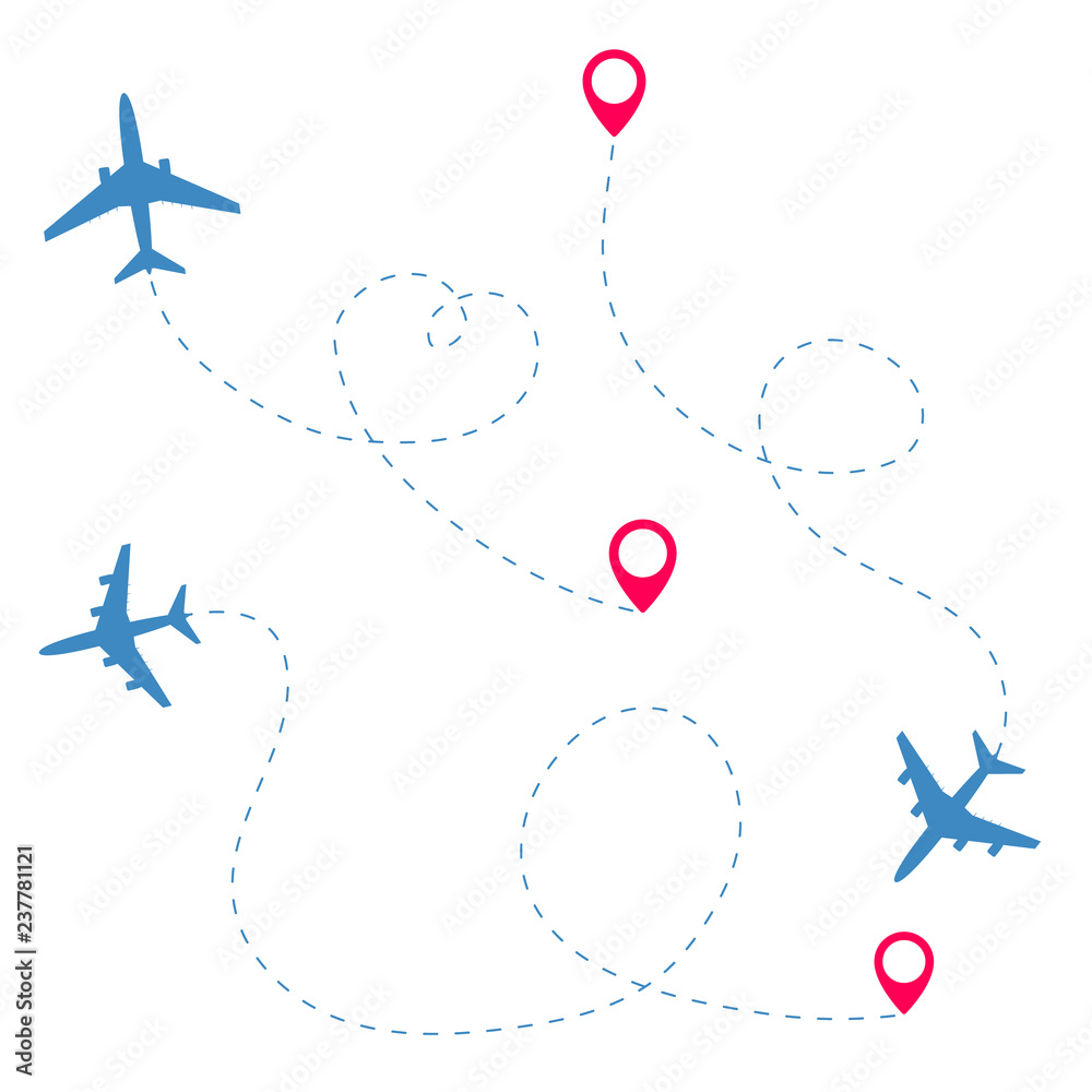 Fototapeta Airplane travel concept. Plane with destinations points and dash route line.
