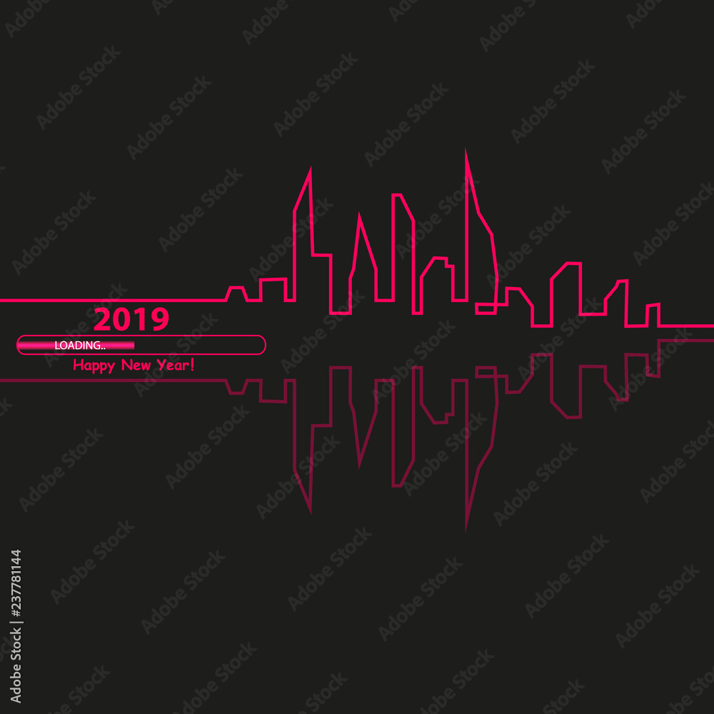 Obraz premium Happy new year 2019 with with an Abstract City Skyline with Loading Bar. Vector