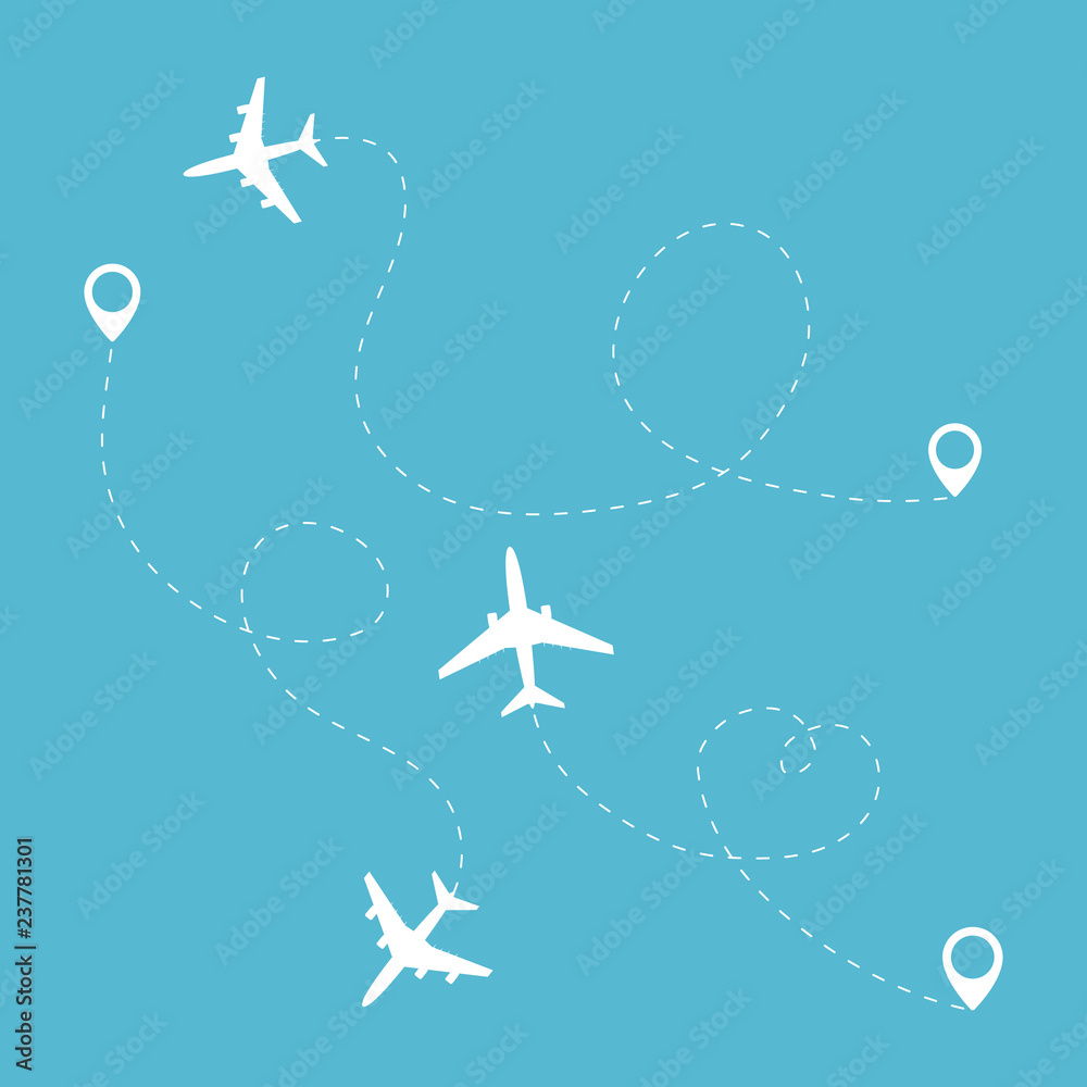 Airplane travel concept. Plane with destinations points and dash route line. Airplane travel concept. Plane with destinations points and dash route line.