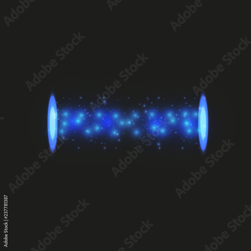 Magic fantasy portal. Futuristic teleport. Light effect. Blue candles rays of a night scene with sparks on a transparent background. Empty light effect of the podium. Disco club dancefloor