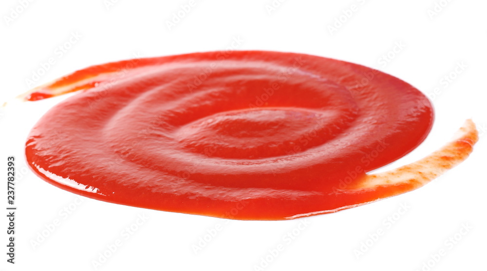 red ketchup splashes isolated on white background, tomato pure texture