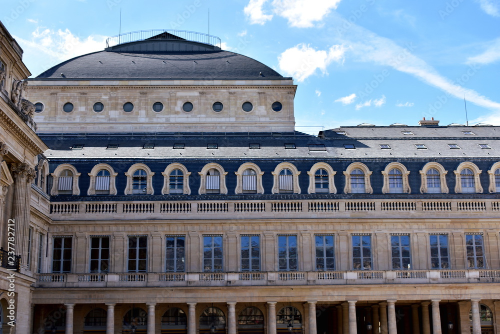 Paris, France. Palais Royal (Royal Palace) close to the Louvre. Columns, windows, handrails and details.