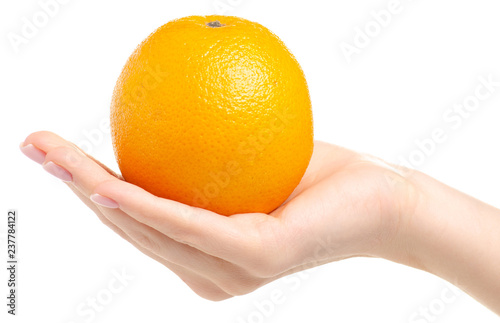 A mandarin in hand on a white background isolation.