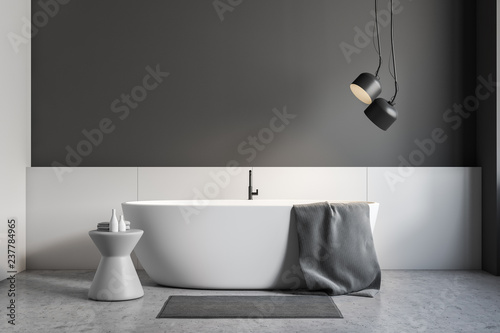 Gray and white bathroom interior, white tub