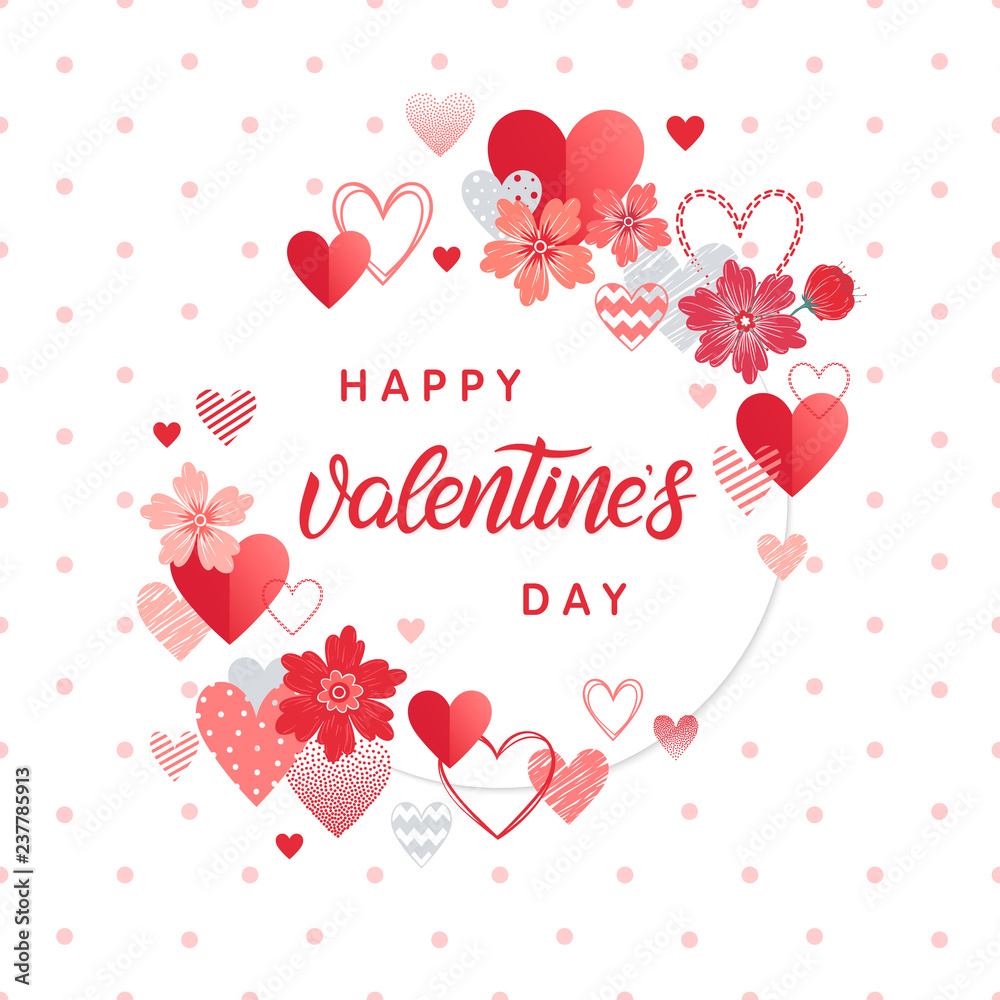 Happy Valentines Day - Hand painted lettering with different hearts.Romantic illustration perfect for design greeting cards, prints, flyers,posters,holiday invitations.Vector Valentines Day card.