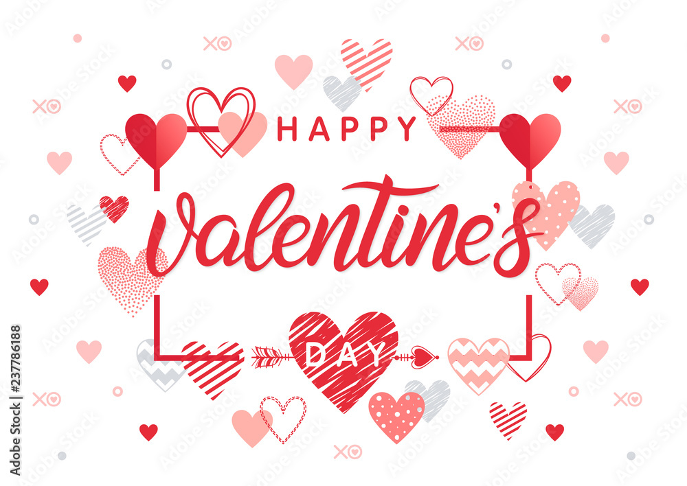 Happy Valentines Day - Hand painted lettering with different hearts.Romantic illustration perfect for design greeting cards, prints, flyers,posters,holiday invitations.Vector Valentines Day card.