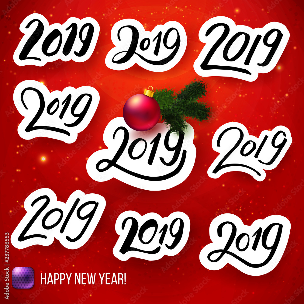 Set of black and white typographic 2019 stickers on red. Set of black and white typographic 2019 stickers on red.