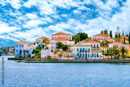 Buildings of Spetses island on Saronic gulf near Athens. Ideal travel destination for quiet vacations . Greece