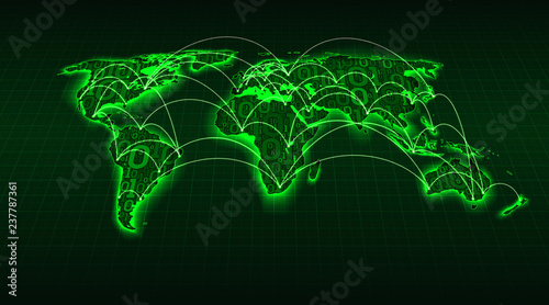 Abstract green world map from digital binary code on a grid background, internet transactions between cities and countries, vector illustration