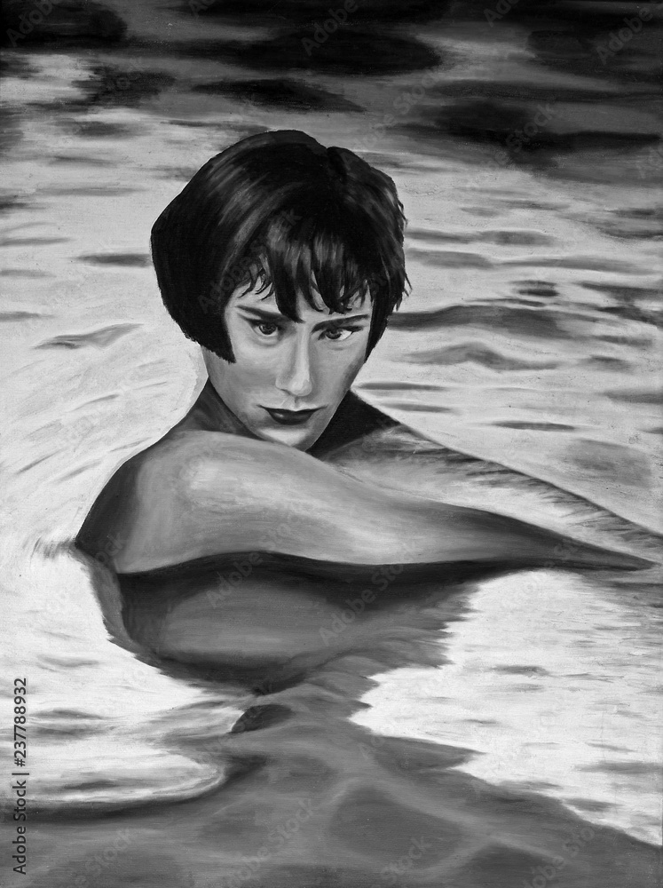 Fototapeta premium Painting of a woman submerged in water on canvas black and white