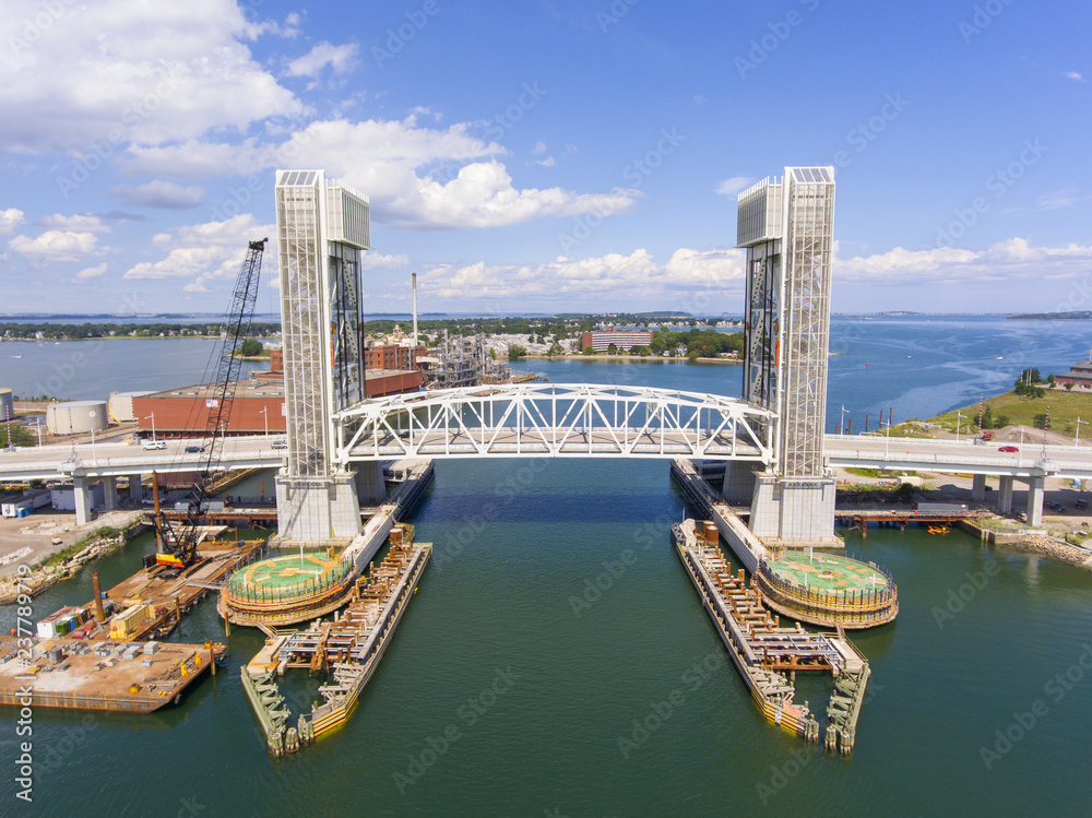 Aerial view of Weymouth Fore River and Fore River Bridge in Quincy, Massachusetts, USA. This new bridge was finished in 2018.
