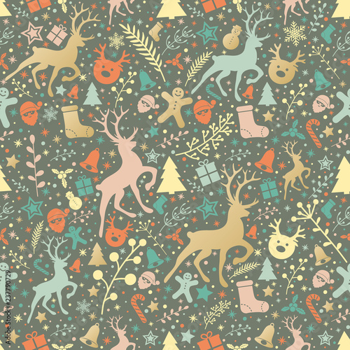 Christmas background with decorations, reindeers and floral elements. Vector.
