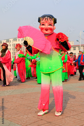 Chinese traditional style yangko folk dance performance in the street, luannan County, hebei Province, China