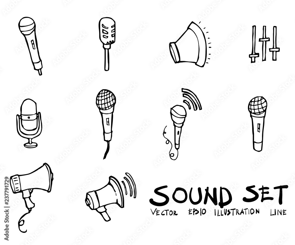 Set of Sound icon Drawing illustration Hand drawn doodle Sketch line
