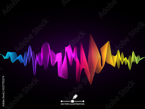 Sound wave concept. Colorful digital equalizer. Abstract audio element. Music pulse on dark background. Futuristic color element. Bright beat analyzer. Audio player design. Vector illustration