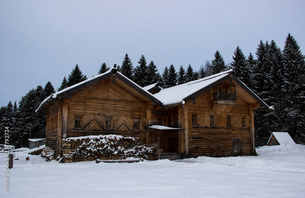 Beautiful country winter landscape with rural wooden houses on a background of the forest and sky. Wooden houses under snow in the winter forest. Outdoor recreation and countryside concept. 