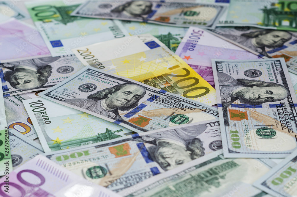 euro banknotes and dollars randomly laid out 3 euro banknotes and dollars randomly laid out 3