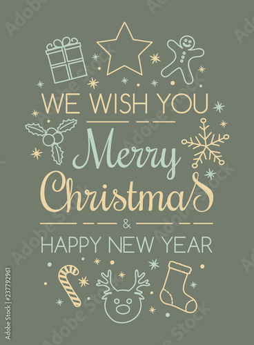 Christmas card with decorative text and ornaments. Vector.