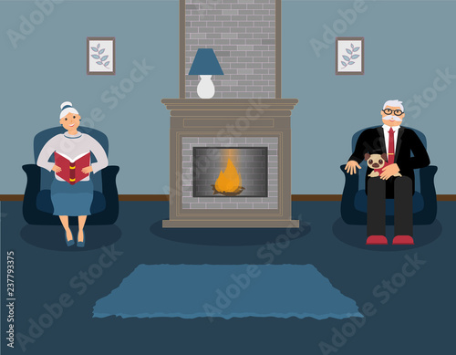 A couple of elderly people are sitting by the fireplace in a beautiful cozy blue living room. Woman reading a red book, a man in a suit with cute little pug on his knees. Vector illustration