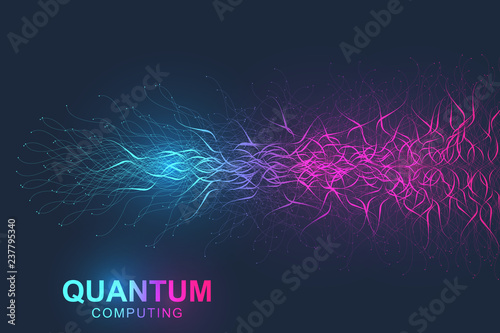 Quantum computer technology concept. Deep learning artificial intelligence. Big data algorithms visualization for business, science, technology. Waves flow. Vector illustration.