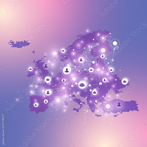 Social media network and marketing concept on dotted Europe Map background. Global business concept and internet technology, Analytical networks. Vector illustration
