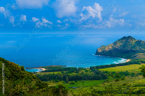 Aerial view overlooking the tropical island of Kauai and the Pacific Ocean, Hawaii.